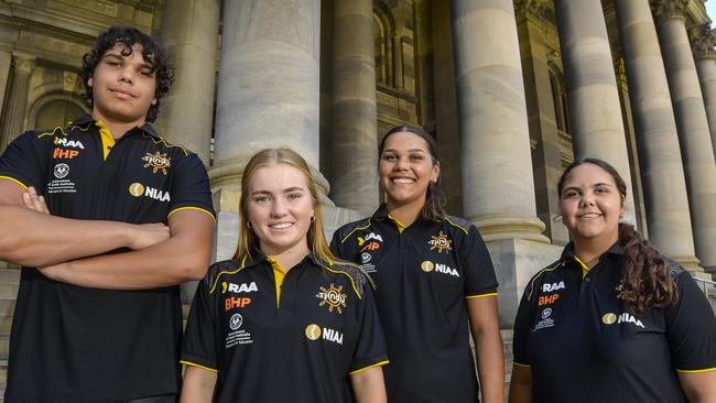 Students from the Tjindu Foundation on the steps of Parliament House: Tali Pipe, 16, Klara Harrison, 16, Kelis Jackson-Martin, 17 and Indianna Probert, 15. Picture: RoyVPhotography