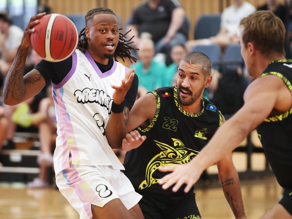 Basketball Queensland First Nations Championships at Coomera. Dreamers (white) v Erub Utd. Picture Glenn Hampson