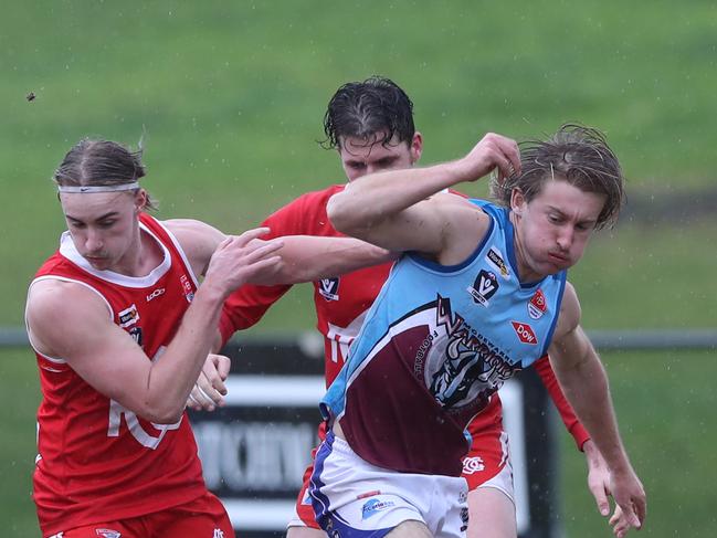 Ocean Grove's Mitch Taylor (8) and Modewarre's Matty McKim (10). BFL: Ocean Grove v Modewarre senior football. Picture: Alan Barber