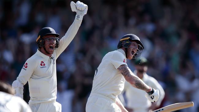 England’s Jack Leach, left, celebrates with Ben Stokes at Headingley. Picture: AP