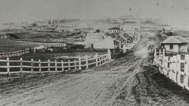 Mains Bridge at Flemington, looking northwest up Flemington Rd, in 1870. Picture: City of Moonee Valley