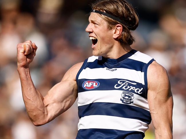 GEELONG, AUSTRALIA - AUGUST 24: Rhys Stanley of the Cats celebrates during the 2024 AFL Round 24 match between the Geelong Cats and the West Coast Eagles at GMHBA Stadium on August 24, 2024 in Geelong, Australia. (Photo by Michael Willson/AFL Photos via Getty Images)