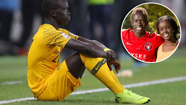 Awer Mabil after the Socceroos lost their AFC Asian Cup quarter final against United Arab Emirates. Soon after, he learned of his sister Bor’s death. Picture: Francois Nel/Getty Images