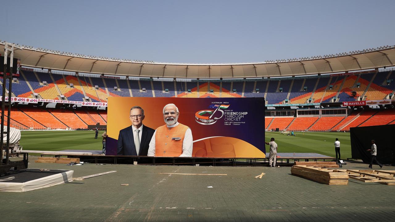 Signage is seen to promote the visit between Australian Prime Minister Anthony Albanese and Indian Prime Minister Narendra Modi during an Australia Test squad training session at Narendra Modi Stadium on March 07, 2023 in Ahmedabad, India. (Photo by Robert Cianflone/Getty Images)