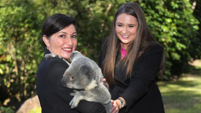 Environment and Great Barrier Reef Minister Leeanne Enoch is joined by Griff the koala and Member for Gaven Meaghan Scanlon on a visits to David Fleay Wildlife Park. Picture Glenn Hampson