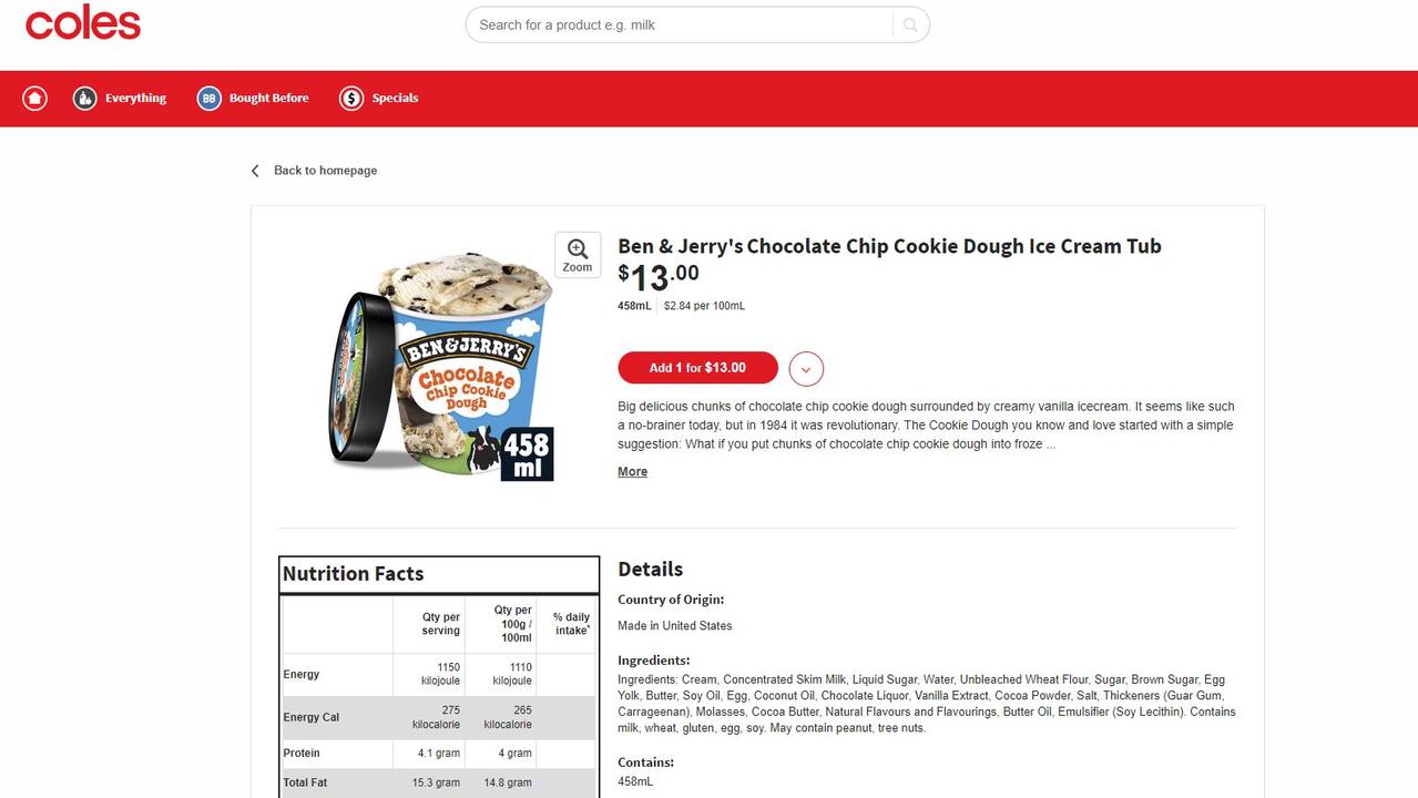 Ben and Jerry's pints are usually $13 full price at Coles. Picture: Coles