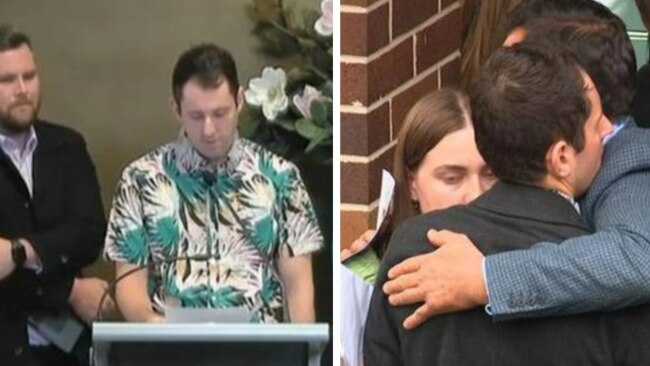 Groom Mitch Gaffney speaks at the funeral of bus crash victim Zachary Bray. Picture: 7 News