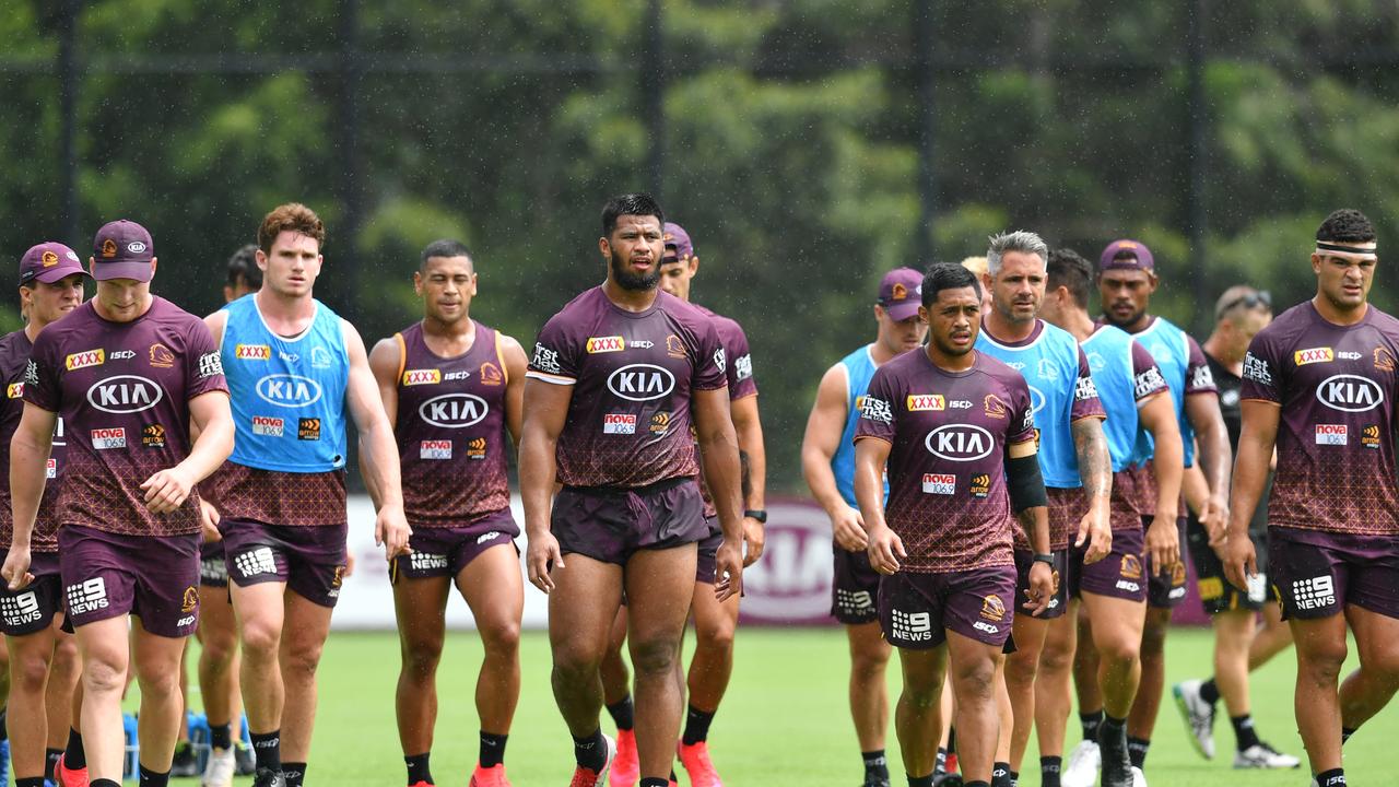 Payne Haas (centre) is seen with team mates during Brisbane Broncos training at Clive Berghofer Field in Brisbane.