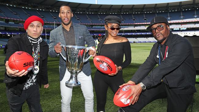 apl.de.ap, Jessica Reynoso and Taboo of The Black Eyed Peas along with 2018 AFL Premiership Cup ambassador Josh Gibson. Picture: Getty Images.