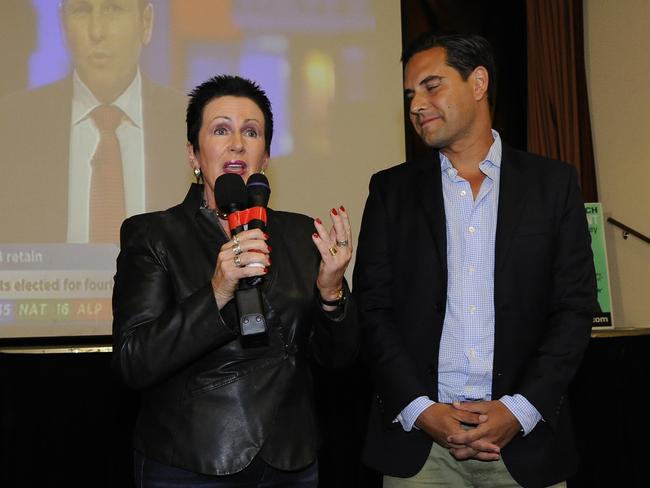 Independent State MP Alex Greenwich and Clover Moore at his election party at Paddington RSL. Picture: Craig Wilson