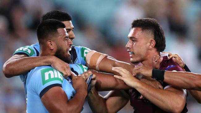 Tino Fa'asuamaleaui and Payne Haas spent 10 minutes in the sin bin after punches were thrown. Picture: Getty Images.