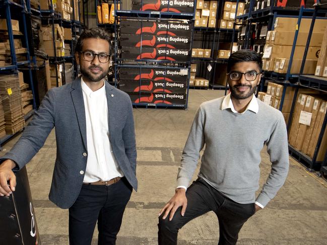 21/10/2020: Sleeping Duck founders Winston Wijeyeratne and Selvam Sinnappan at their warehouse in Mulgrave, Melbourne. Picture: David Geraghty