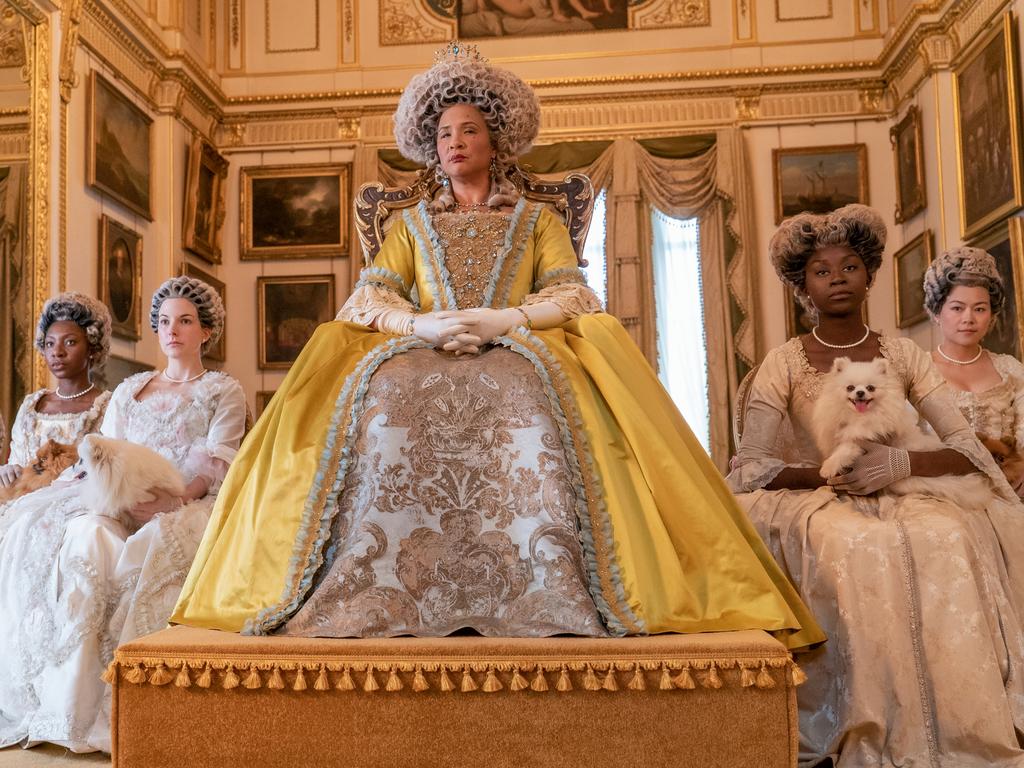 Jennifer Lopez had a Bridgerton-themed 55th birthday party, complete with a couture gown inspired by the character of Queen Charlotte. Picture: Netflix