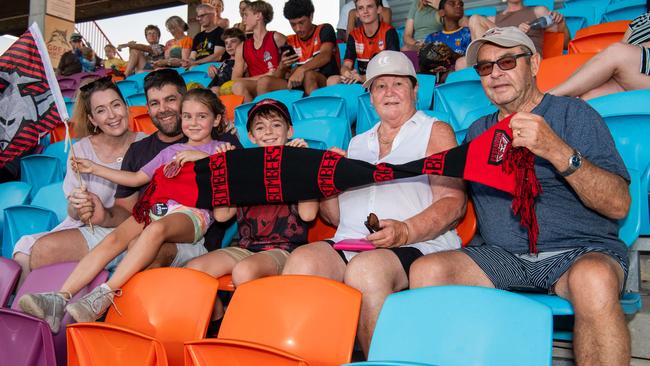 Helen Feeney, Paul Meekins, Tony Meekins, Julie Meekins, Thomas Meekins and Molly Meekins as thousands of fans gathered for the AFLW Dreamtime game between Richmond and Essendon in Darwin. Picture: Pema Tamang Pakhrin