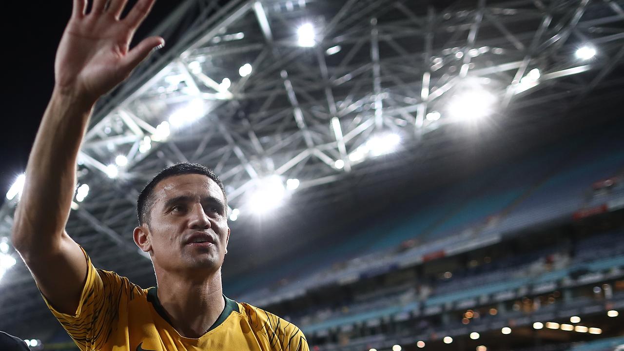 Tim Cahill of Australia thanks the fans after his last game for Australia