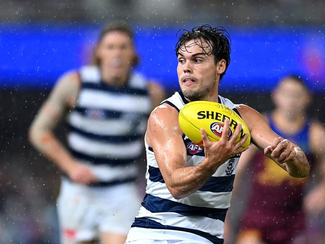 BRISBANE, AUSTRALIA – APRIL 20: Jack Bowes of the Cats in action during the round nine AFL match between Brisbane Lions and Geelong Cats at The Gabba, on April 20, 2024, in Brisbane, Australia. (Photo by Albert Perez/AFL Photos via Getty Images)