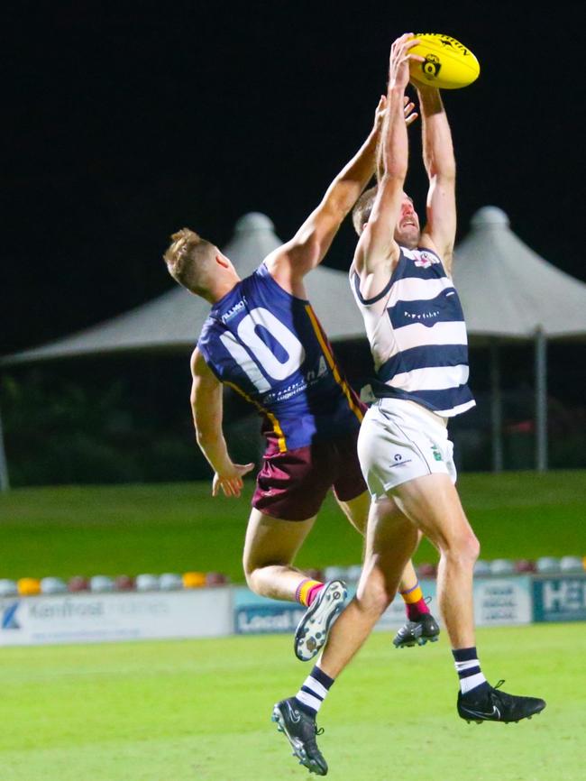 Pictured (l-r): Mitchell Hunter and Ethan McCullough. Cairns City Lions v Port Douglas Crocs at Cazalys Stadium. Elimination Final. AFL Cairns 2024. Photo: Gyan-Reece Rocha