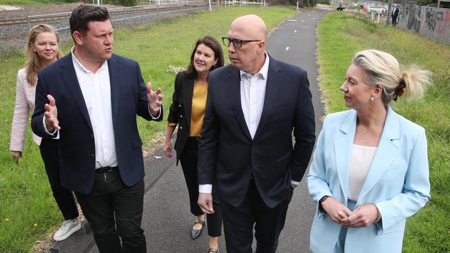 Opposition Leader Peter Dutton announcing a $900m Frankston-Baxter line upgrade at Leawarra train station with Senator Bridget McKenzie and Liberal Party candidate for the Dunkley by-election, Nathan Conroy. Picture: David Crosling