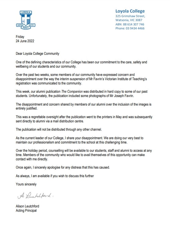 The letter sent to the Loyola College community by acting principal Alison Leutchford.