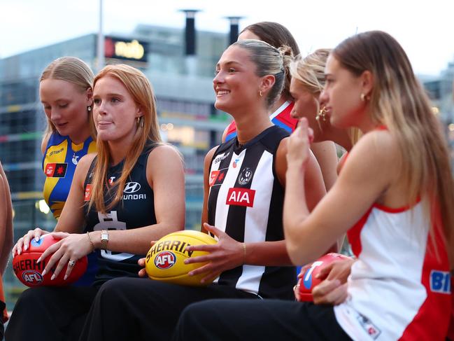 MELBOURNE, AUSTRALIA - DECEMBER 16: Ash Centra of the Magpies poses during the 2024 Telstra AFLW Draft at Marvel Stadium on December 16, 2024 in Melbourne, Australia. (Photo by Morgan Hancock/AFL Photos/Getty Images)