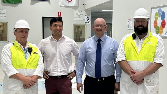 Federal Member for Blair Shayne Neumann and State Member for Bundamba Lance McCallum with meatworkers from JBS Dinmore. Picture: Supplied.