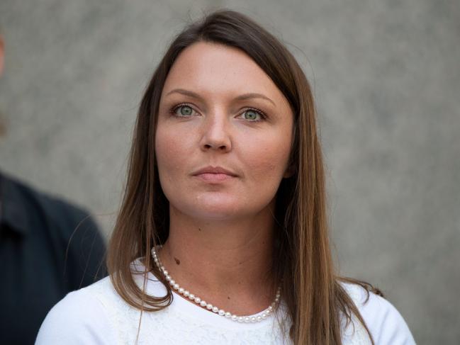 Alleged victim Courtney Wild leaves the courthouse after Epstein's bail hearing last month. Picture: AP