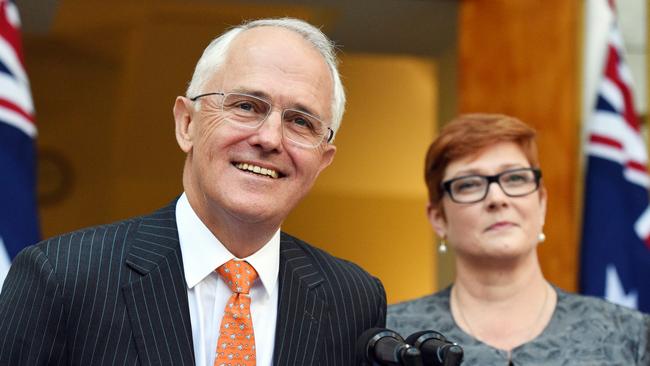 Prime Minister Malcolm Turnbull and Defence Minister Marise Payne announce the shipbuilding project. Picture: AAP Image/Mick Tsikas