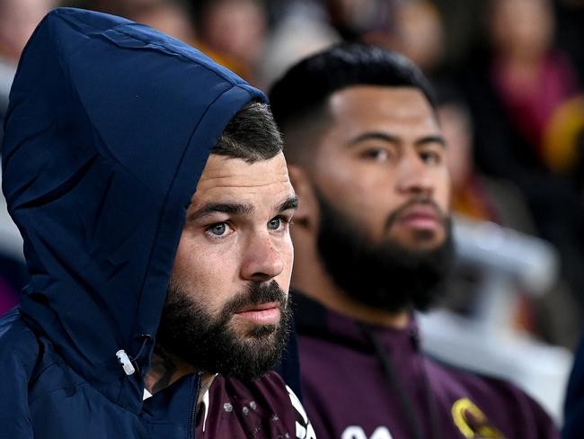 BRISBANE, AUSTRALIA - JUNE 11: Adam Reynolds and Payne Haas of the Broncos are seen on the sideline after being injured during the round 14 NRL match between the Brisbane Broncos and the Canberra Raiders at Suncorp Stadium, on June 11, 2022, in Brisbane, Australia. (Photo by Bradley Kanaris/Getty Images)