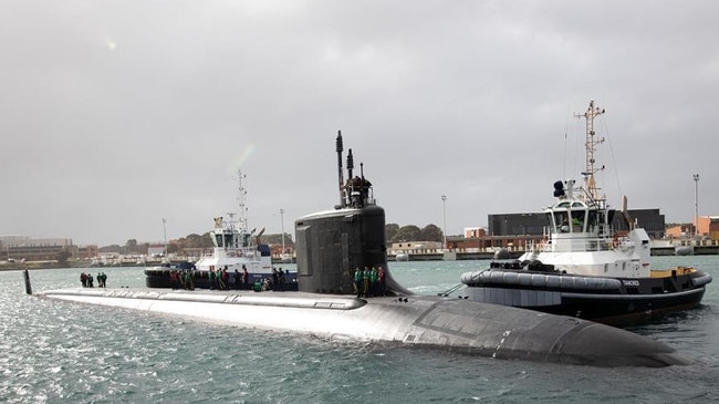 The Virginia-class fast-attack submarine USS Hawaii (SSN 776) prepares to moor at HMAS Stirling in Western Australia. Picture: US Navy