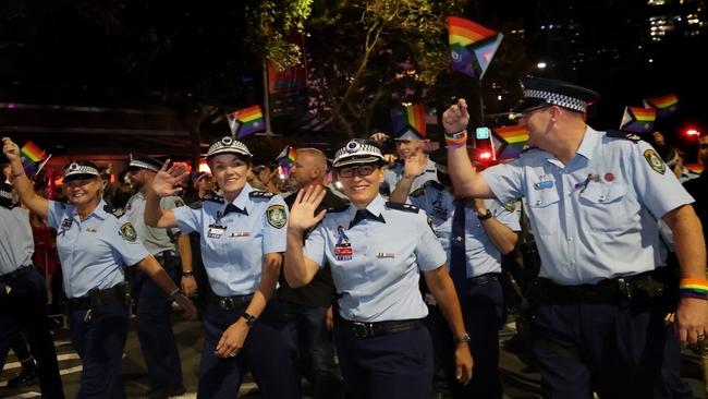 NSW Police, with Commissioner Karen Webb second from left, marching in last year’s Sydney Mardi Gras parade. The police have been uninvited from this year’s march.