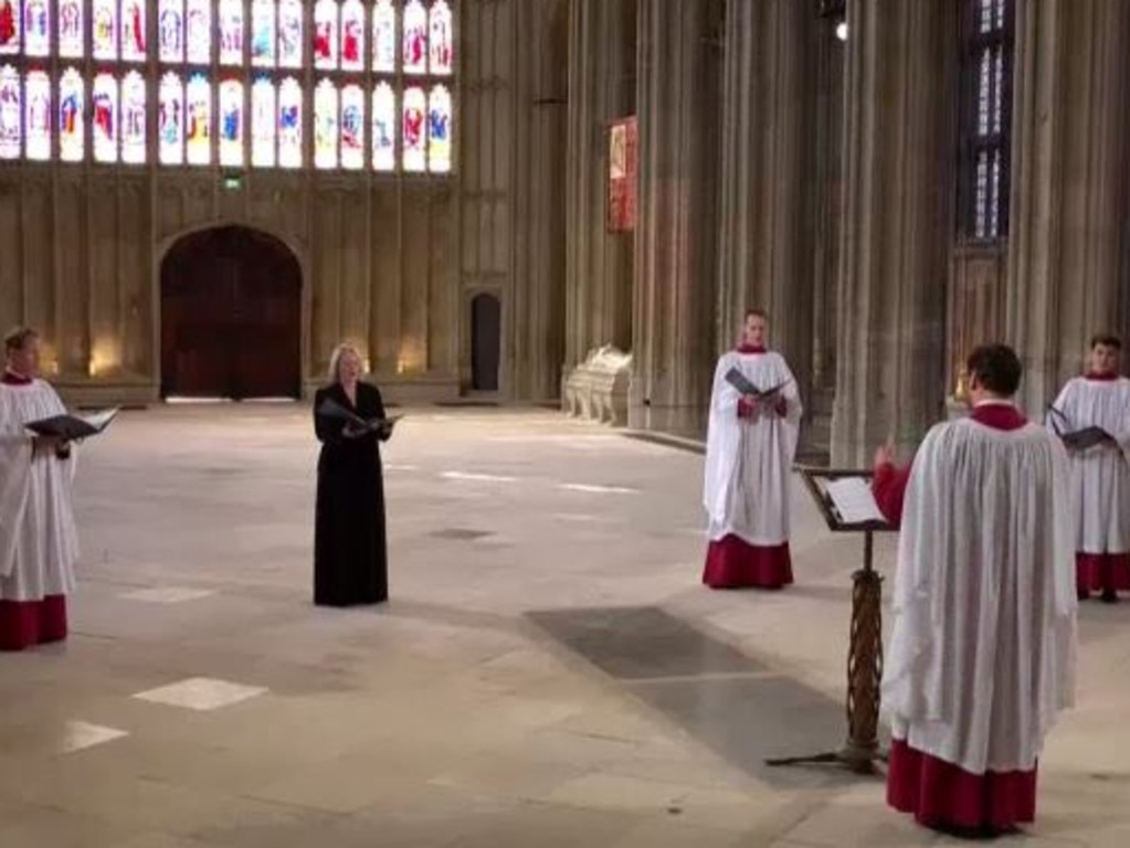 Australian soprano Miriam Allan sings the hymn, “Melita” alongside members of the Queen’s Six, during the funeral of Prince Philip. Picture: ABC News