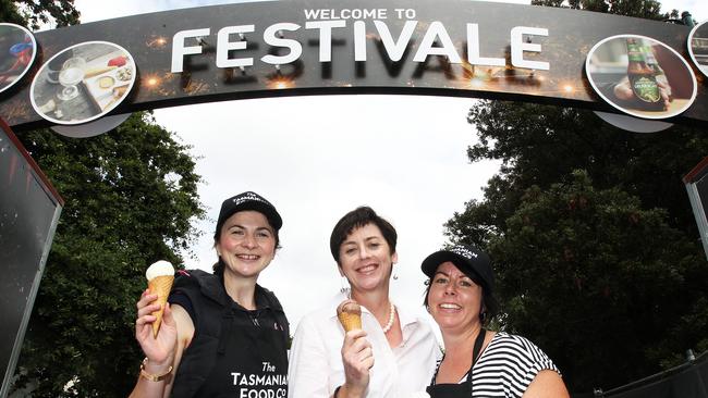 Tasmanian Food Company chief executive Jane Bennett with assistants at Festivale, Freya Griffin and Amanda Breen in 2017.