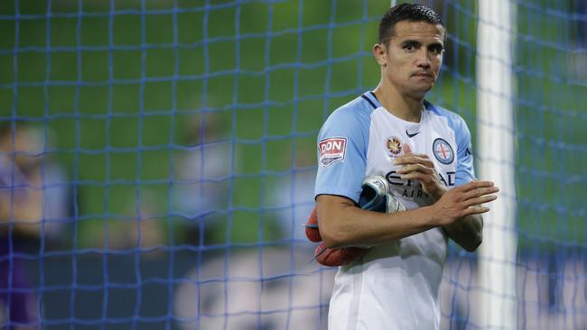 Tim Cahill cut a forlorn figure at the end of Melbourne City’s elimination final loss to Perth. Picture: Getty Images