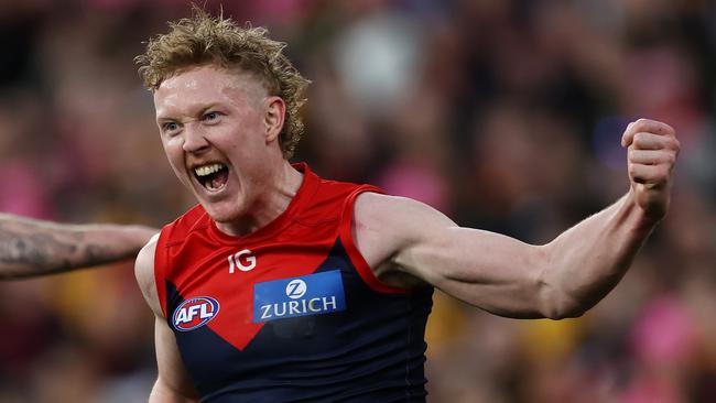 MELBOURNE, AUSTRALIA - August 20, 2023. AFL .  Clayton Oliver of the Demons celebrates a 4th quarter goal during the round 23 match between Melbourne and Hawthorn the MCG in Melbourne, Australia.  Photo by Michael Klein.