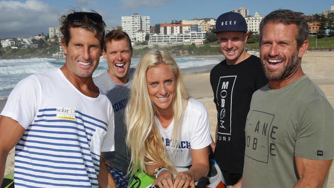 Bondi Lifeguards , (L-R) Anthony "Harries" Carroll, Andrew "Reidy" Reid, Juliana Bahr-Thomson , Ryan "Whippet" Clark and Corey Oliver all competed in the recent Molokai 2 Oahu paddleboard world Championships. 