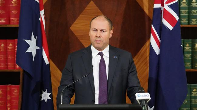 Federal Treasurer Josh Frydenberg speaks to the media during a press conference in Melbourne, Tuesday, June 4, 2019. The Treasurer is calling on all banks to pass on the full interest rate cut handed down by the RBA. (AAP Image/Stefan Postles) NO ARCHIVING