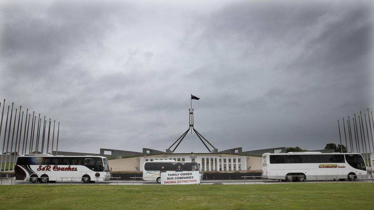 Some 20 buses from around Australia formed a protest convoy outside parliament in Canberra on Monday to demand action from the commonwealth government. Picture: NCA NewsWire / Gary Ramage