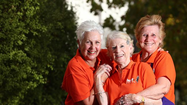 1Long-serving Hutt St Centre volunteers Jeanne Scardigno, Dulcie Boag, and Jenny Jachway. Picture: Tait Schmaal