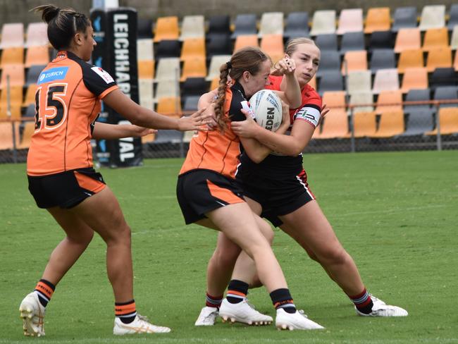 Chelsea Blankenstein is hit hard in a tackle. Picture: Sean Teuma