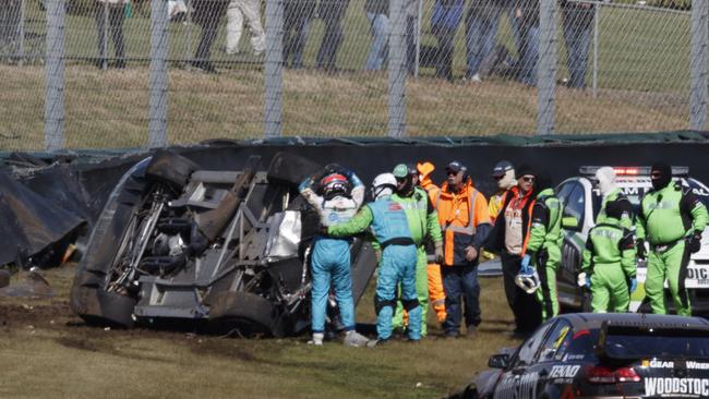 Todd Hazelwood is attended to by medics after his heavy crash.