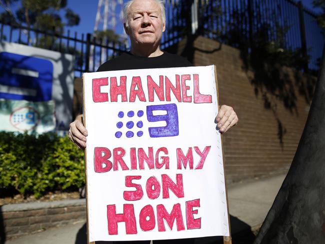 David Whittington, the father of Adam Whittington protested the detention of his son outside the Channel 9 headquarters in Sydney. Picture: AAP/David Moir