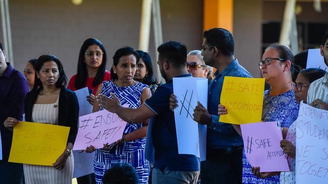 Hundreds gathered at CDU to show their support for an international student who was left in critical condition following a home invasion. Pic: Pema Tamang Pakhrin