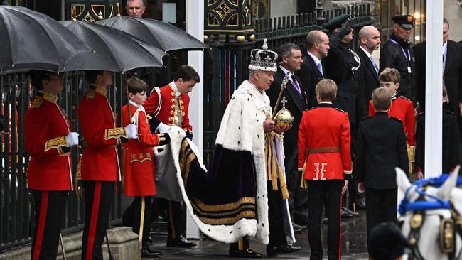 King Charles III leaves Westminster Abbey after the coronation. Picture: AFP