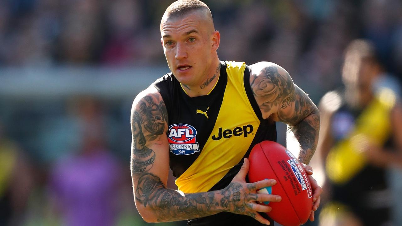 MELBOURNE, AUSTRALIA - SEPTEMBER 28: Dustin Martin of the Tigers in action during the 2019 Toyota AFL Grand Final match between the Richmond Tigers and the GWS Giants at the Melbourne Cricket Ground on September 28, 2019 in Melbourne, Australia. (Photo by Michael Willson/AFL Photos via Getty Images)