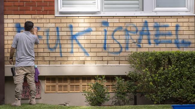 An apartment building in Sydney’s eastern suburb of Woollahra was damaged in November with anti-Israel graffiti, something at odds with Australian values. Picture: NewsWire/Jeremy Piper