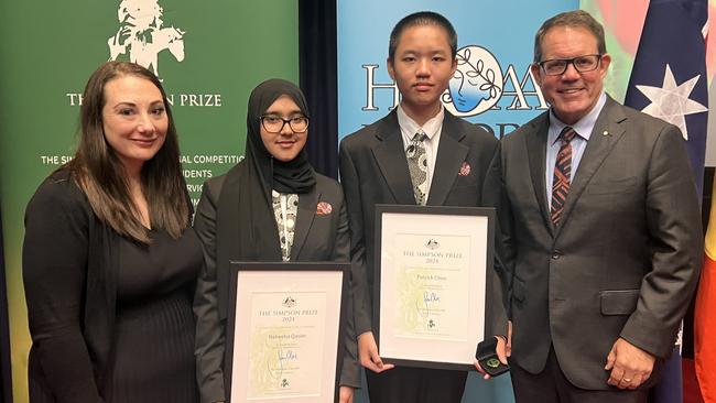 Federal Member for Solomon Luke Gosling OAM congratulates the 2023 Northern Territory Simpson Prize Winner and Runner Up at Parliament House in Canberra. Picture: Supplied.