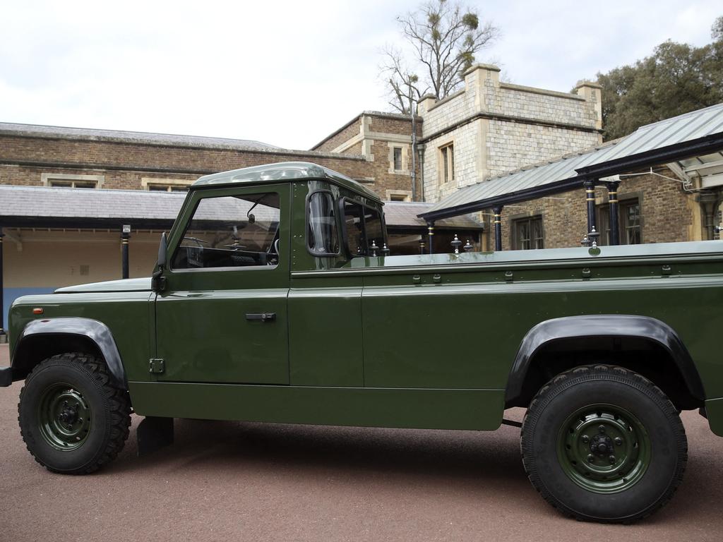 The Land Rover Defender specially designed by Prince Philip to carry his coffin. Picture: Steve Parsons / POOL / AFP)