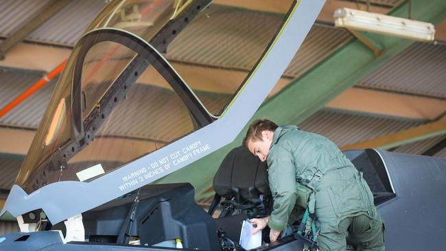 Australian Top Guns prepare for a mission as one of RAAF's new additions the F-35A Lightning II will be among 50 fighting planes involved in Exercise Arnhem Thunder 21 over the Top End. Picture: Glenn Campbell