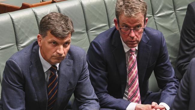 Angus Taylor and Dan Tehan during Question Time at Parliament House.