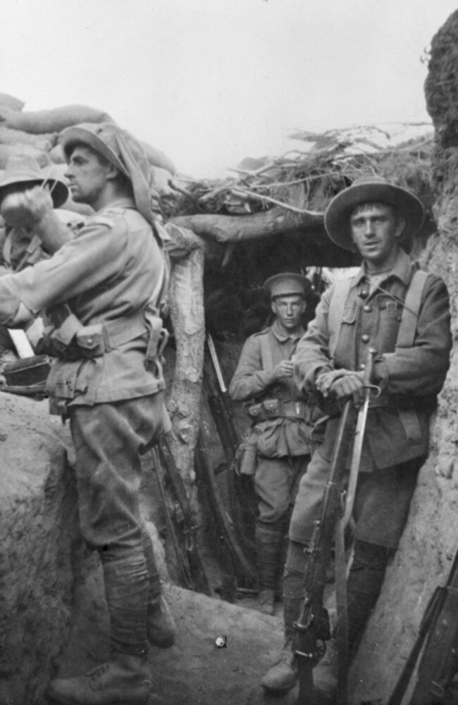 Diggers stans in the Turkish Lone Pine trenches, captured in the bloody fighting of August 6, 1915. Picture: Australian War Memorial.